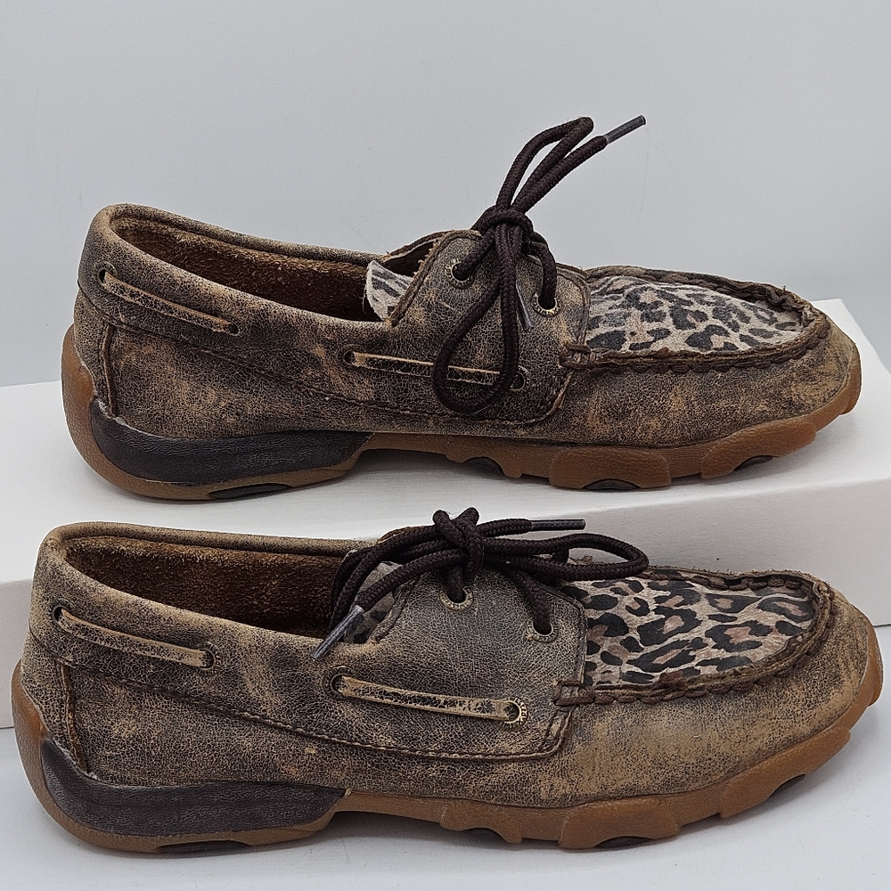 Twisted X cheetah leather moc / boat shoes size 4m